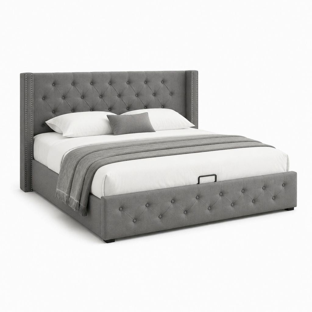 Lit coffre capitonné gris en polyester 160 x 200 cm avec tête de lit haute