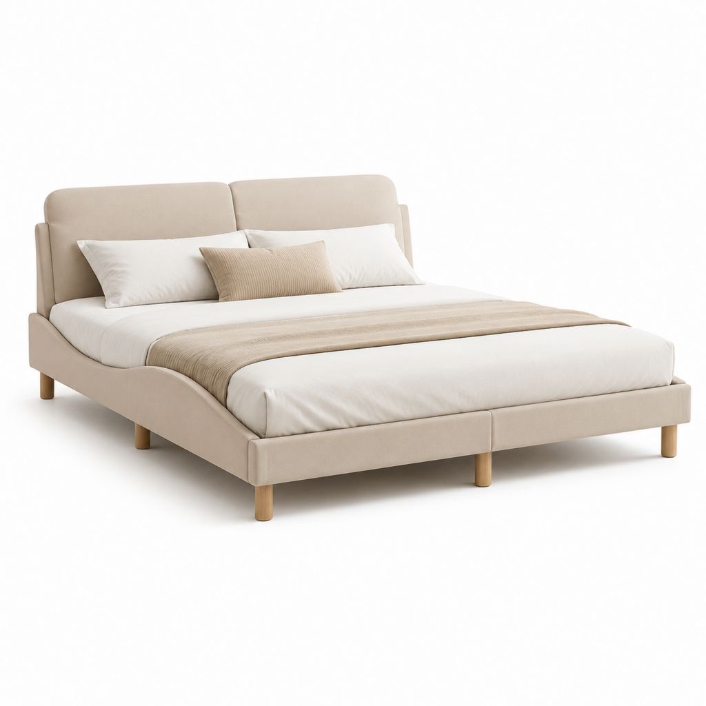 Lit double 160 x 200 cm beige en polyester avec cadre rectangulaire et tête de lit rembourrée