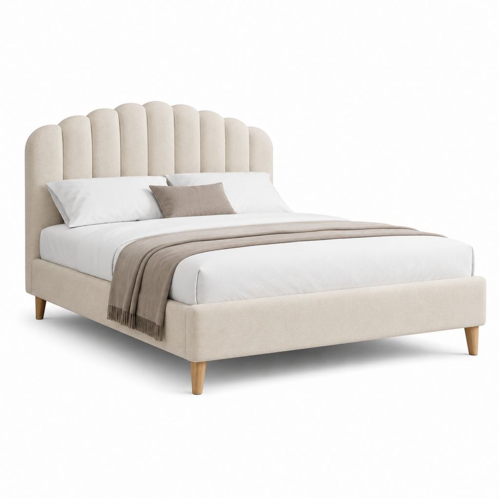 Cadre de lit double beige en polyester avec tête de lit capitonnée 160 x 200 cm