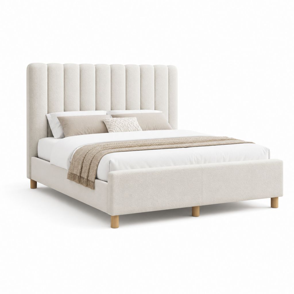 Lit double avec cadre beige en polyester 160 x 200 cm avec tête de lit capitonnée