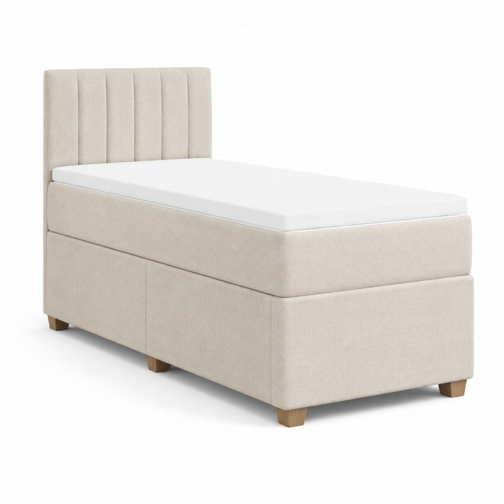 Lit 1 place rectangulaire beige en polyester avec tête de lit rembourrée 90 x 200 cm