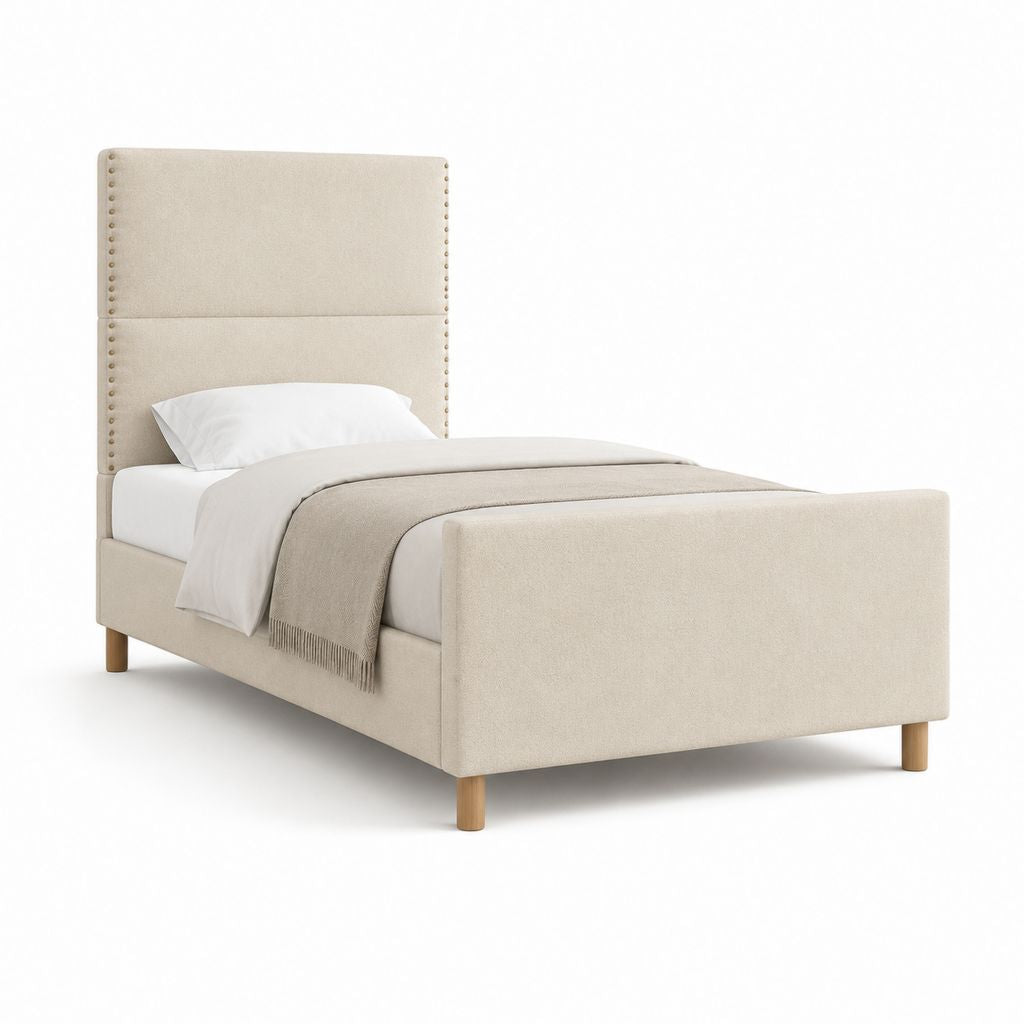 Lit une place 90 x 190 cm beige en polyester avec tête de lit capitonnée et cadre à lattes