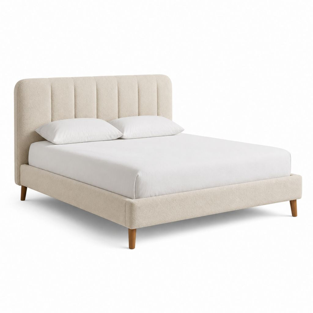 Lit double 160 x 200 cm beige en polyester avec tête de lit capitonnée et pieds en bois massif