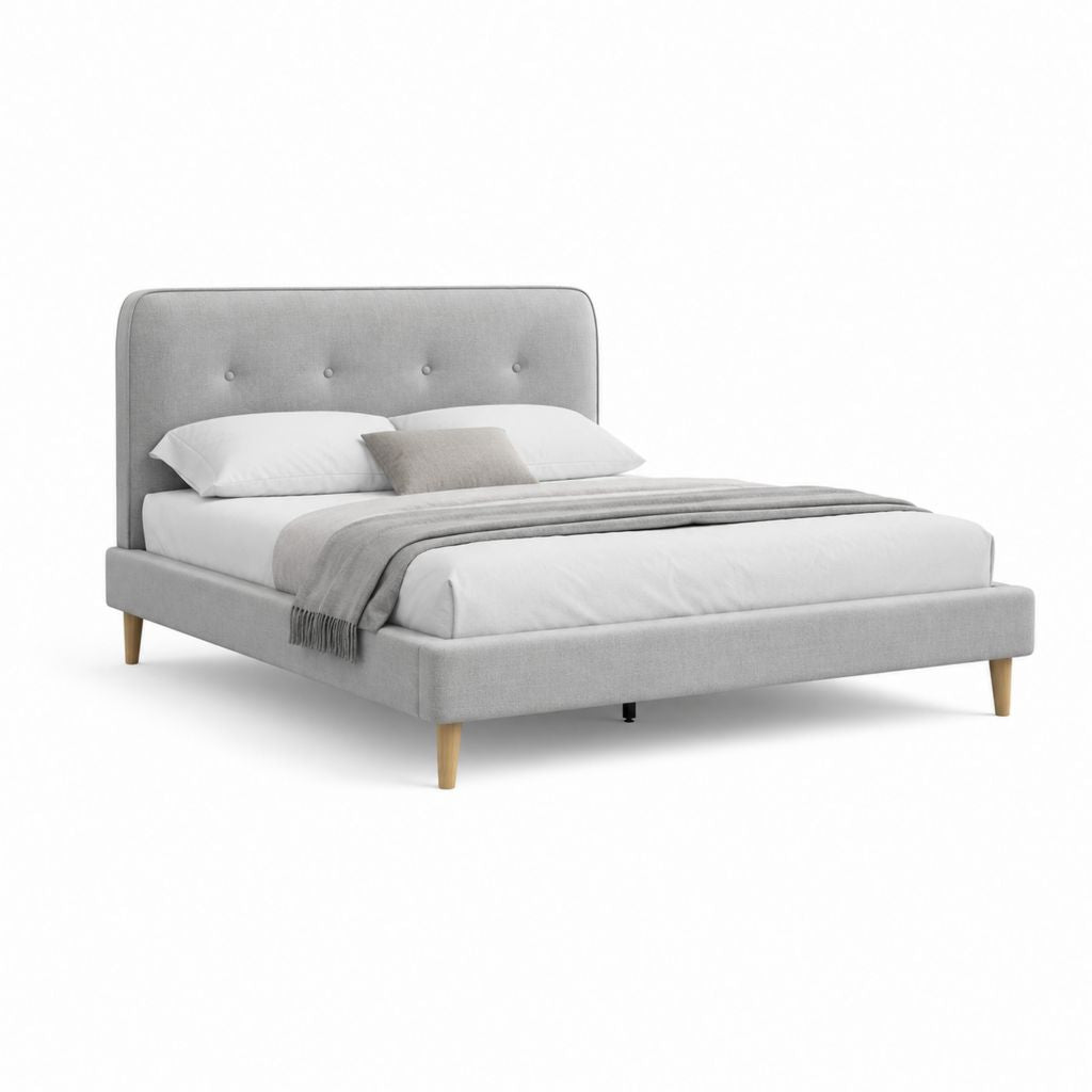 Cadre de lit double gris en polyester avec tête de lit capitonnée 160 x 200 cm
