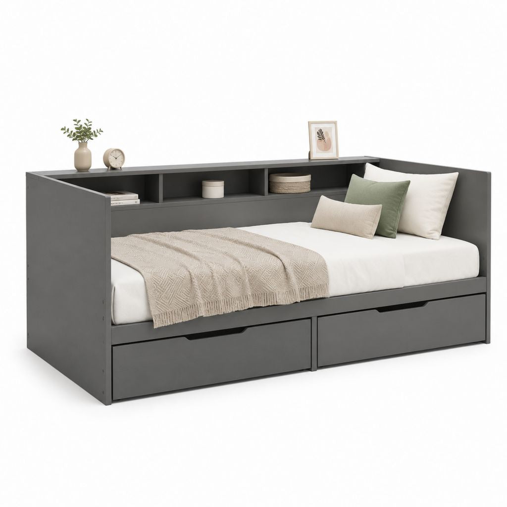 Lit banquette avec rangement gris anthracite en panneaux de particules 90 x 200 cm avec 2 tiroirs et étagères