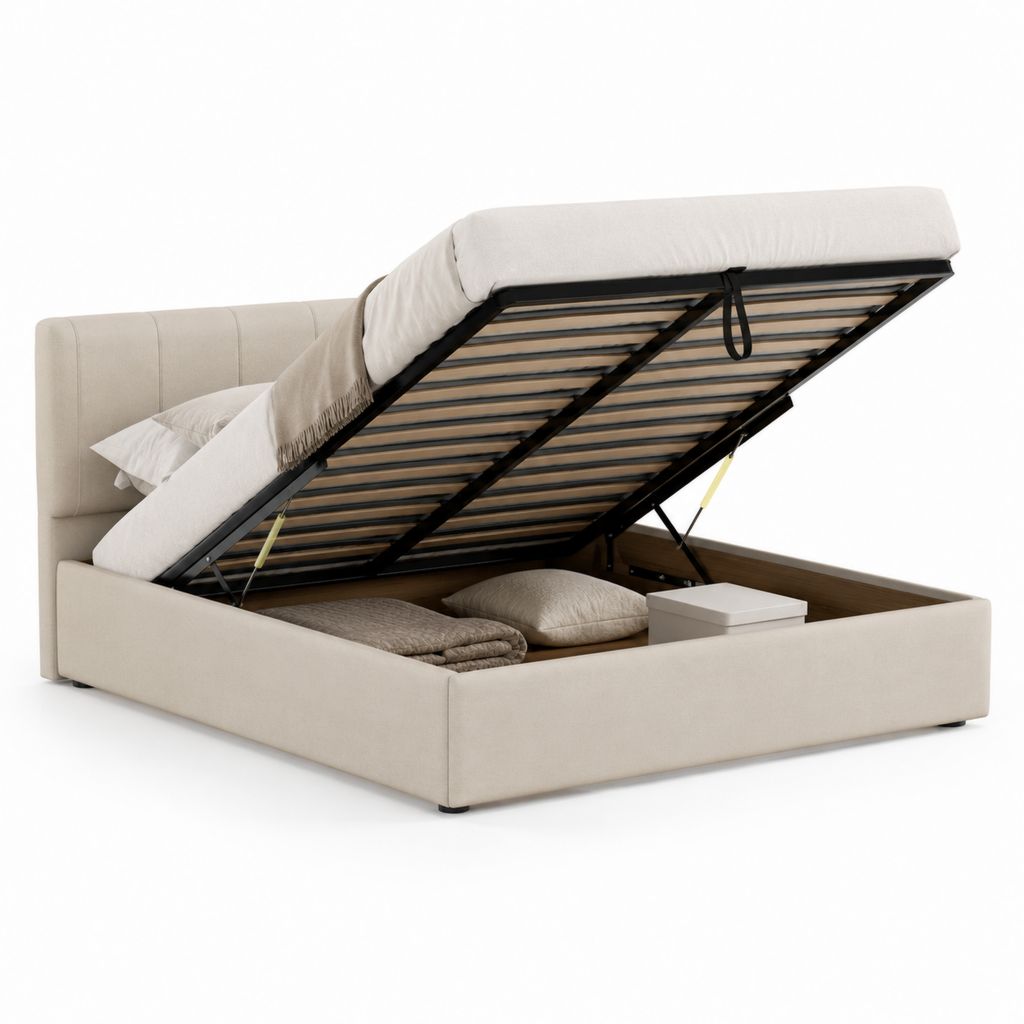 Lit coffre 160 x 200 cm beige en polyester avec tête de lit et sommier relevable