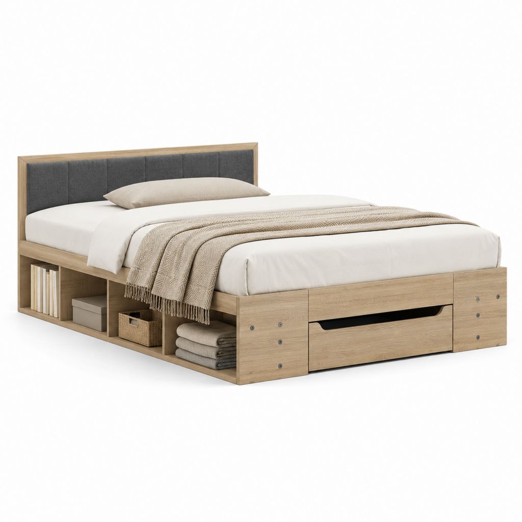 Lit coffre avec rangements chêne clair et tissu polyester gris 160 x 200 cm
