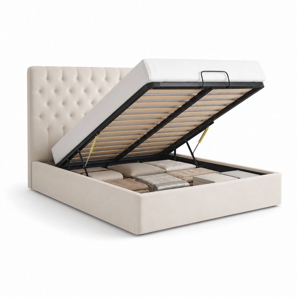 Lit coffre 160 x 200 cm beige en polyester avec tête de lit capitonnée et sommier à lattes
