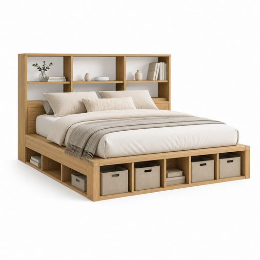 Lit double avec rangement intégré chêne clair en MDF mélaminé 160 x 200 cm