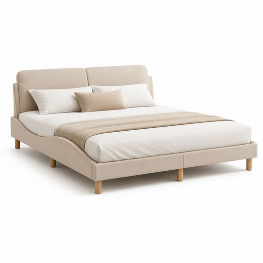 Lit double 160 x 200 cm beige en polyester avec cadre rectangulaire et tête de lit rembourrée
