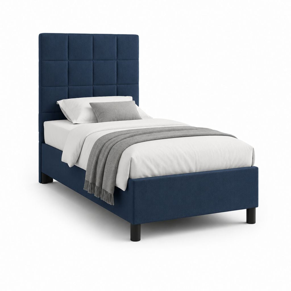 Lit simple 90 x 190 cm bleu marine en polyester avec tête de lit capitonnée rectangulaire