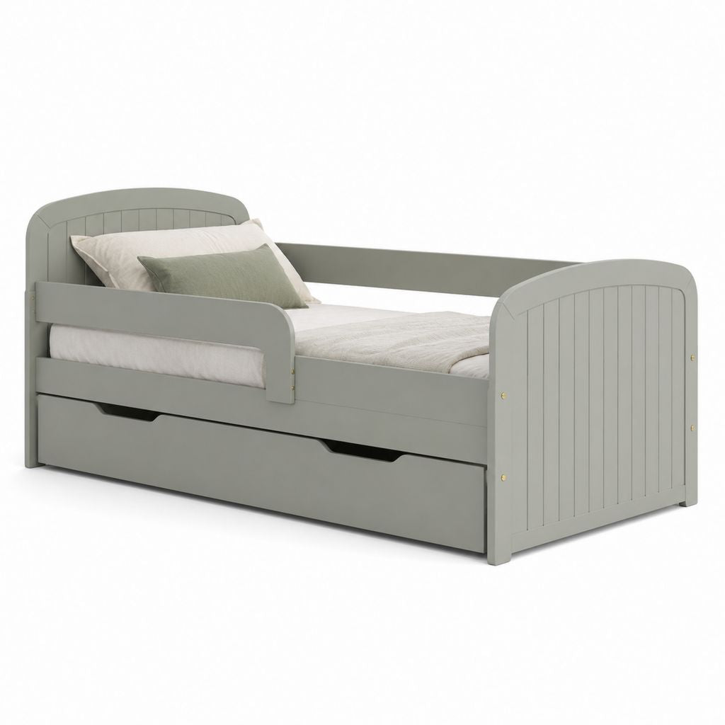 Lit enfant rectangulaire vert sauge en MDF 90 x 190 cm avec barrière et tiroir
