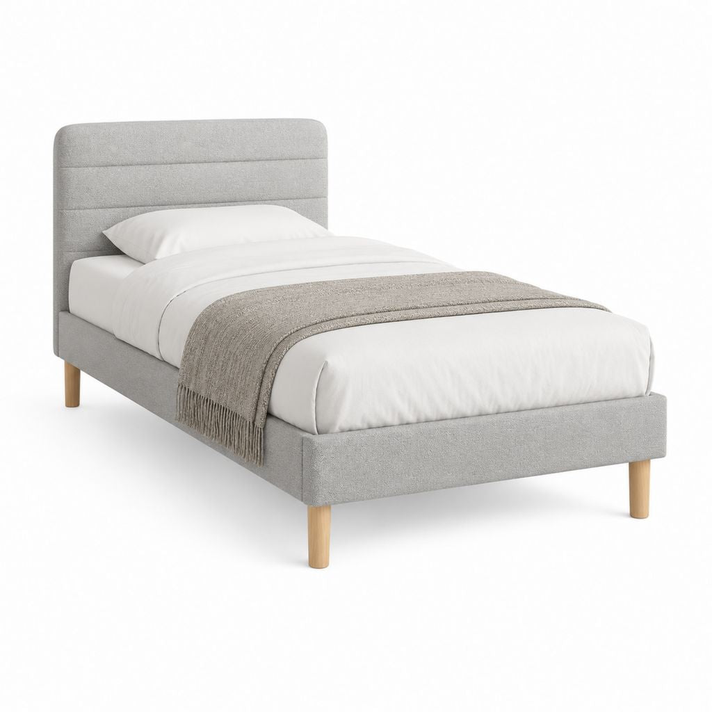 Lit simple capitonné gris en polyester avec pieds en bois massif 90 x 190 cm