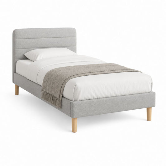 Lit simple capitonné gris en polyester avec pieds en bois massif 90 x 190 cm