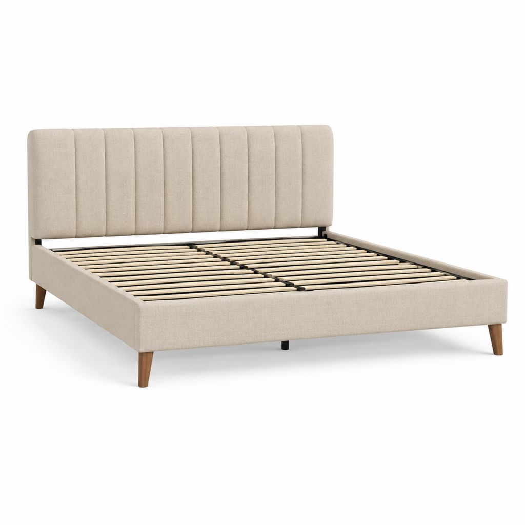 Lit adulte 160 x 200 cm beige en polyester avec tête de lit capitonnée sommier à lattes