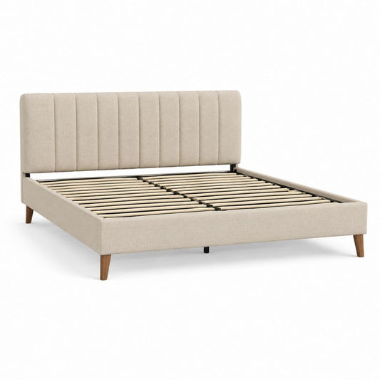 Lit adulte 160 x 200 cm beige en polyester avec tête de lit capitonnée sommier à lattes