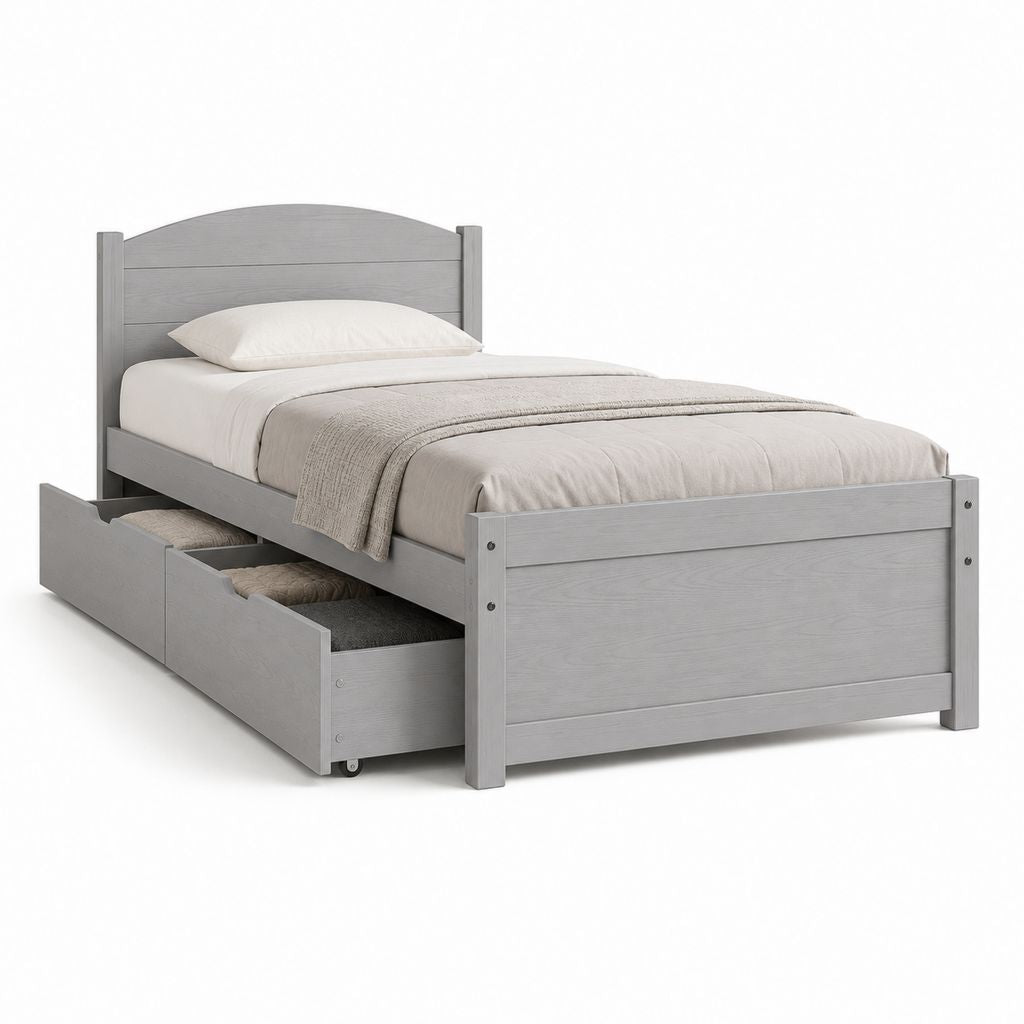 Lit simple rectangulaire avec 2 tiroirs gris en MDF et pin massif 90 x 190 cm