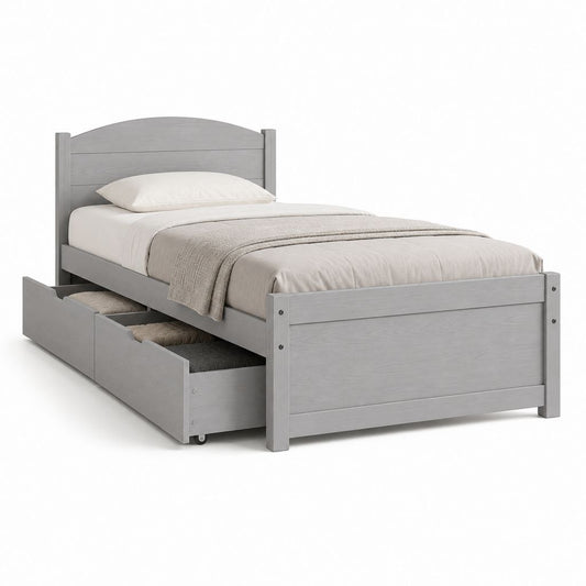 Lit simple rectangulaire avec 2 tiroirs gris en MDF et pin massif 90 x 190 cm