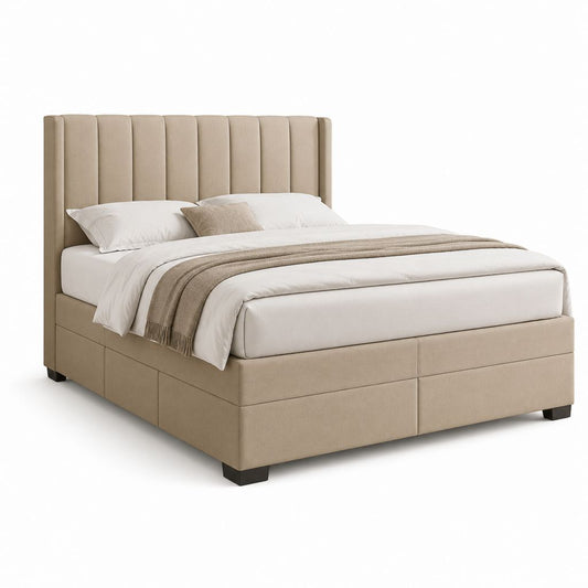 Lit double capitonné beige en polyester avec tête de lit verticale 160 x 200 cm