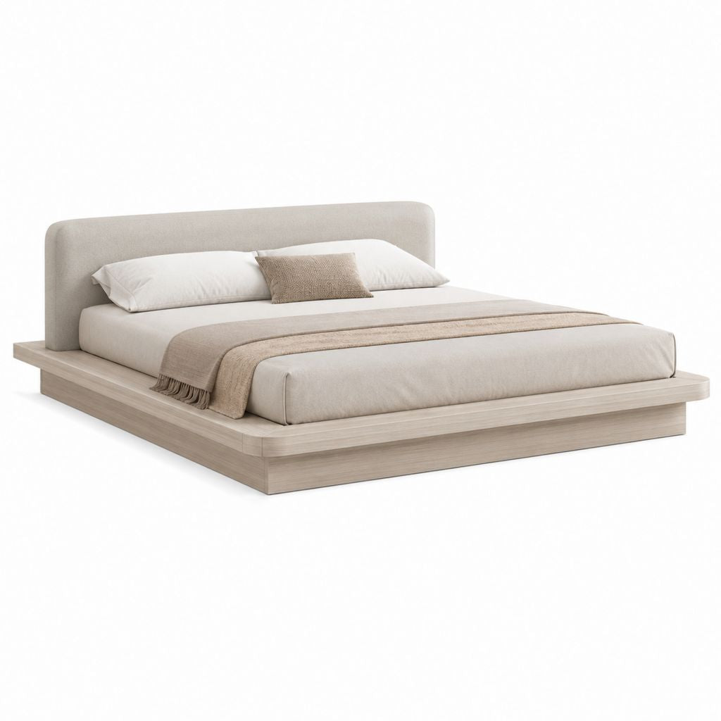 Cadre de lit plateforme 160 x 200 cm beige et chêne clair avec tête de lit rembourrée
