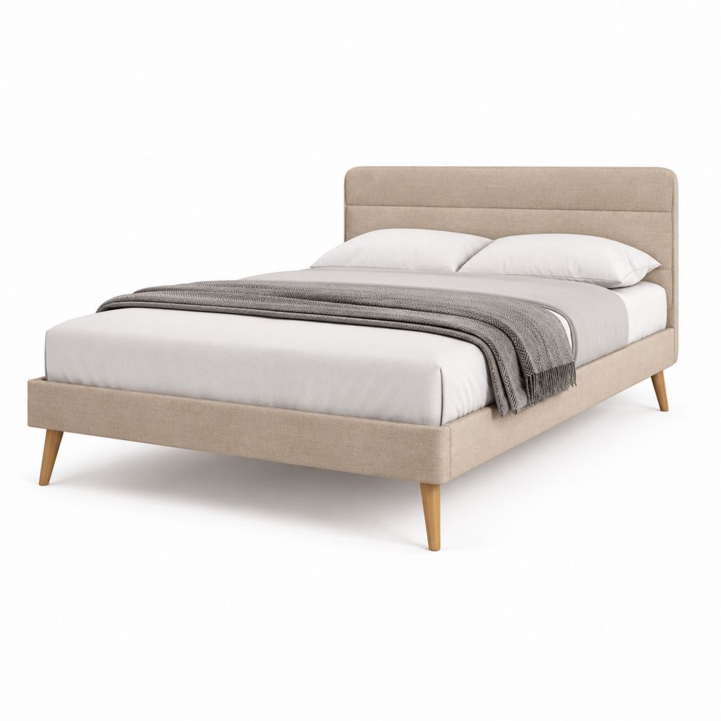 Lit double rectangulaire beige en polyester avec pieds en bois massif 160 x 200 cm