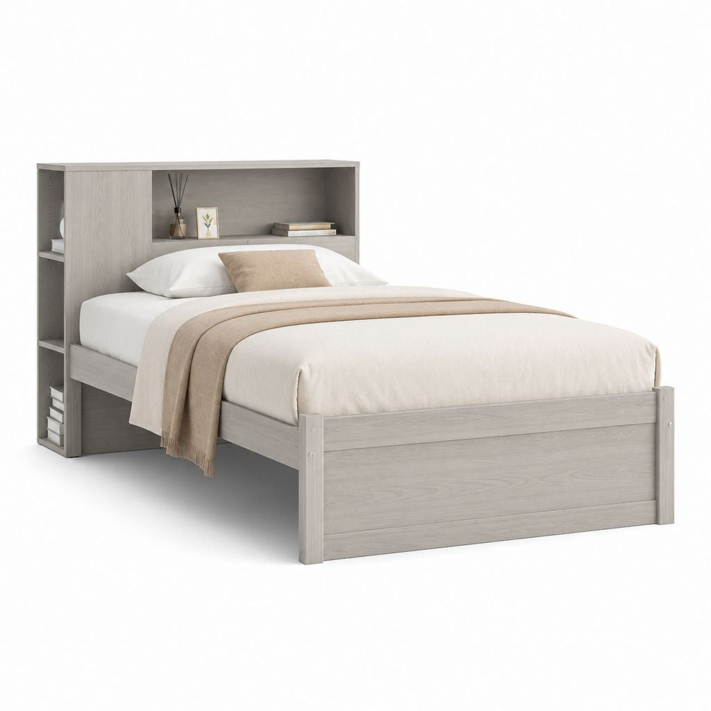 Lit double avec rangement chêne gris en panneaux de particules mélaminés 150 x 210 x 105 cm pour matelas 140 x 190 cm
