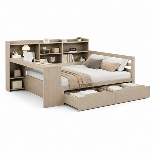 Lit double avec bureau intégré et rangements chêne clair en panneaux de particules mélaminés pour matelas 140 x 190 cm