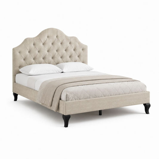 Lit double 160 x 200 cm beige en polyester capitonné avec tête de lit arrondie