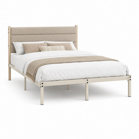 Lit double avec cadre en bois massif beige et tête de lit rembourrée 160 x 200 cm