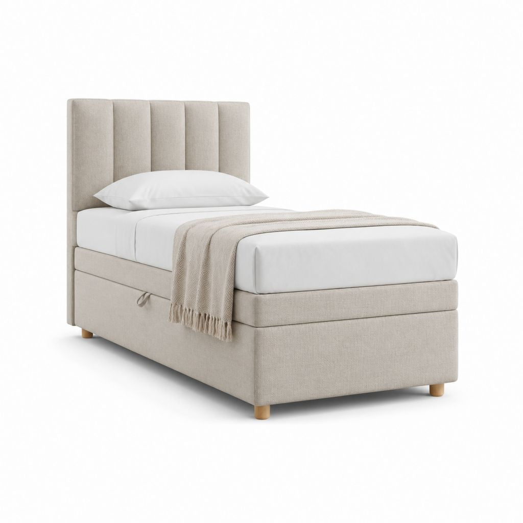 Lit coffre une place beige en polyester 90 x 190 cm avec tête de lit capitonnée