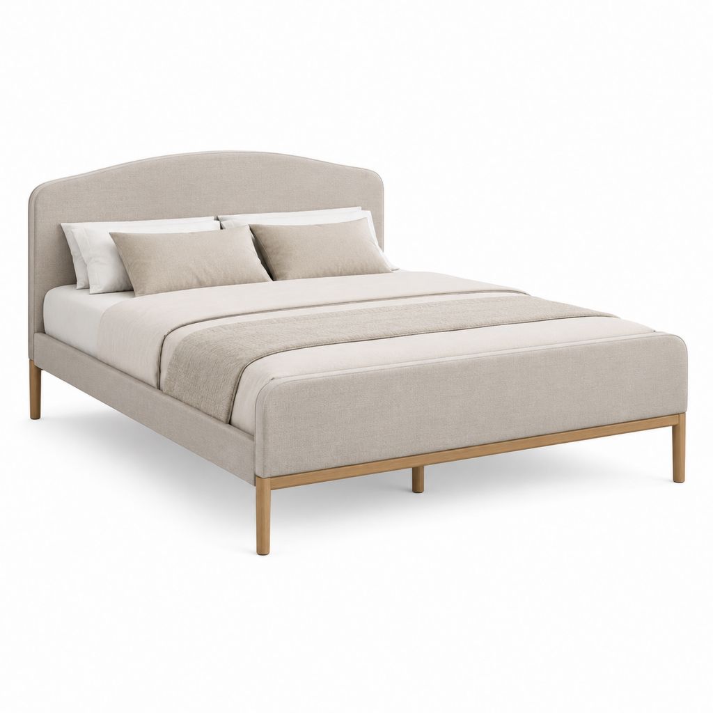 Lit double 160 x 200 cm beige en polyester avec tête de lit capitonnée et pieds en bois massif