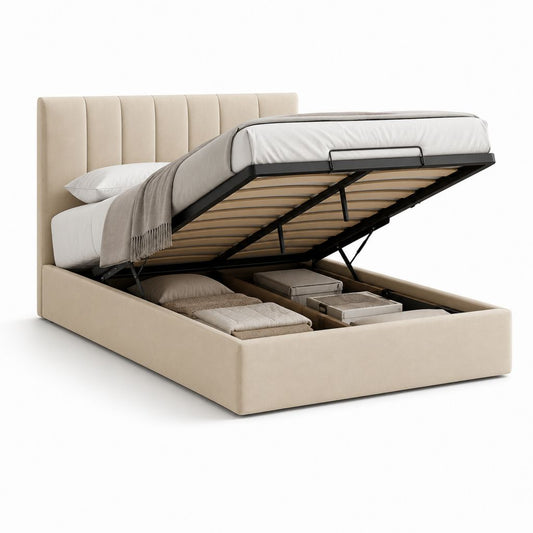 Lit coffre 160 x 200 cm beige en velours de polyester avec tête de lit capitonnée et sommier relevable