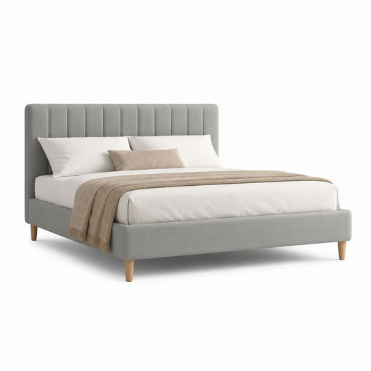 Lit double avec cadre gris en polyester et pieds en hêtre massif couchage 160 x 200 cm