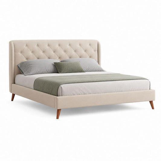 Lit double capitonné beige en polyester avec pieds en hévéa 160 x 200 cm