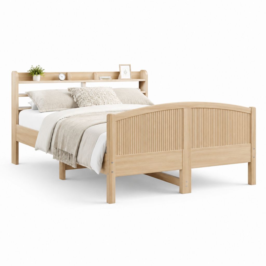 Lit double 160 x 200 cm en bois massif naturel avec tête de lit rangement et pied cintré