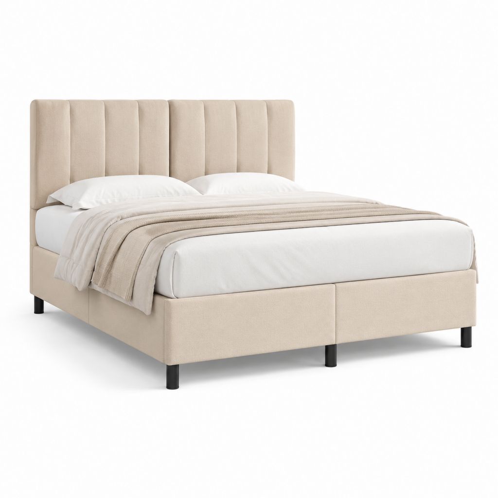Lit double 160 x 200 cm beige en polyester avec tête de lit capitonnée