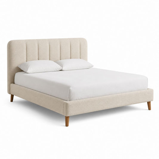 Lit double 160 x 200 cm beige en polyester avec tête de lit capitonnée et pieds en bois massif
