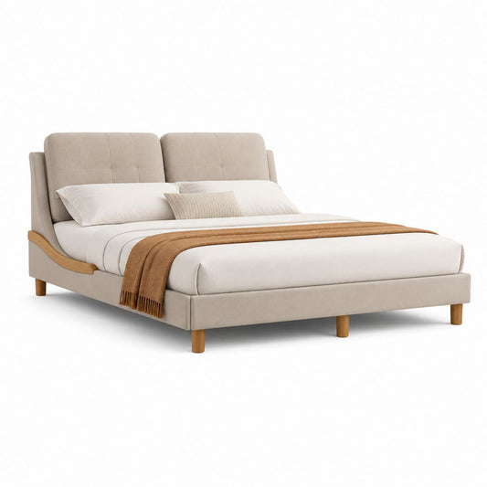 Lit double 160 x 200 cm beige en polyester avec cadre en bois et tête de lit capitonnée