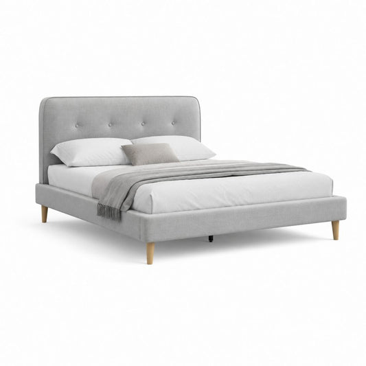 Cadre de lit double gris en polyester avec tête de lit capitonnée 160 x 200 cm
