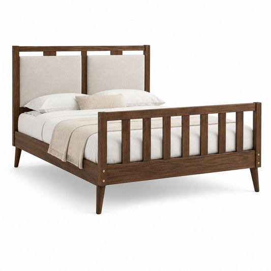 Cadre de lit double 160 x 200 cm brun en bois massif avec tête de lit rembourrée beige