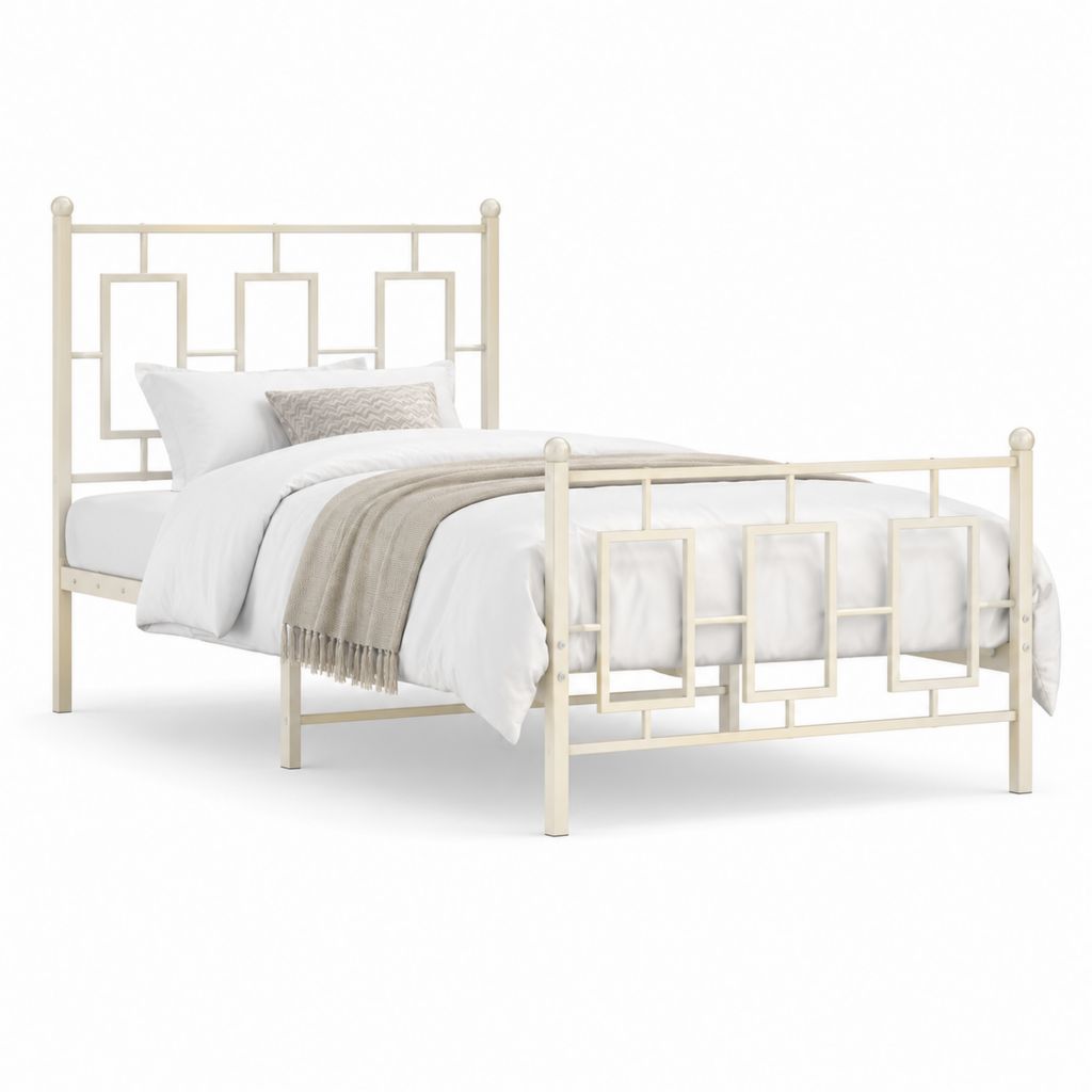 Lit double en acier peint crème avec cadre de lit 140 x 190 cm
