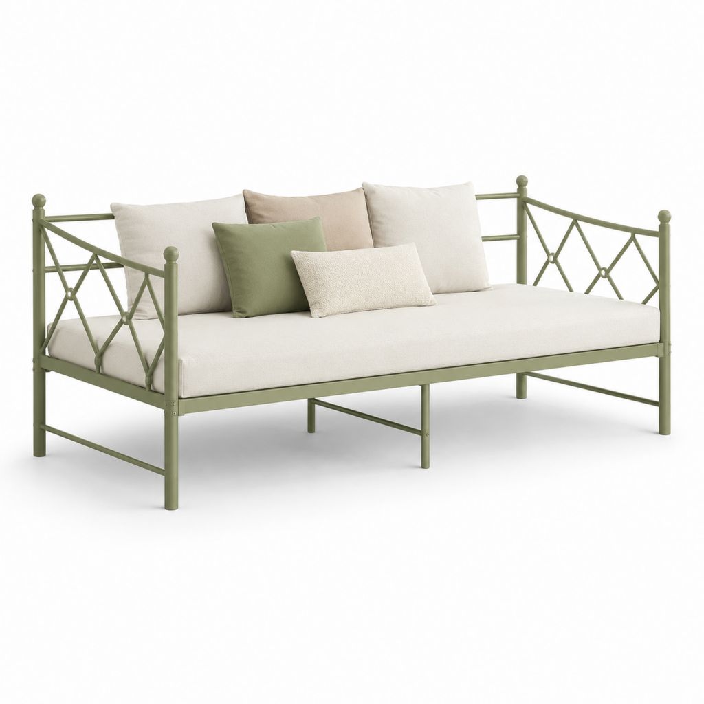 Lit banquette 1 place vert olive en acier avec couchage rectangulaire 90 x 200 cm