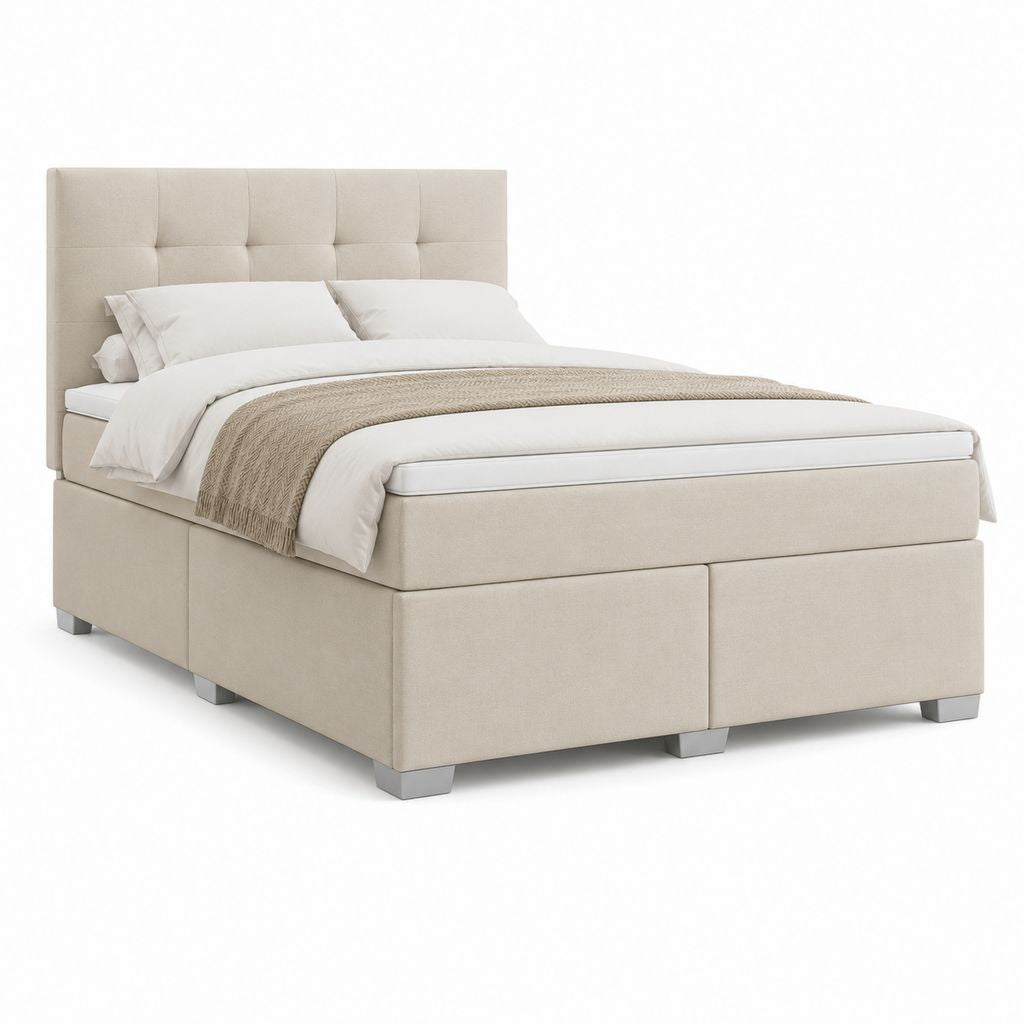 Lit double tapissé beige en polyester avec tête de lit capitonnée 160 x 200 cm