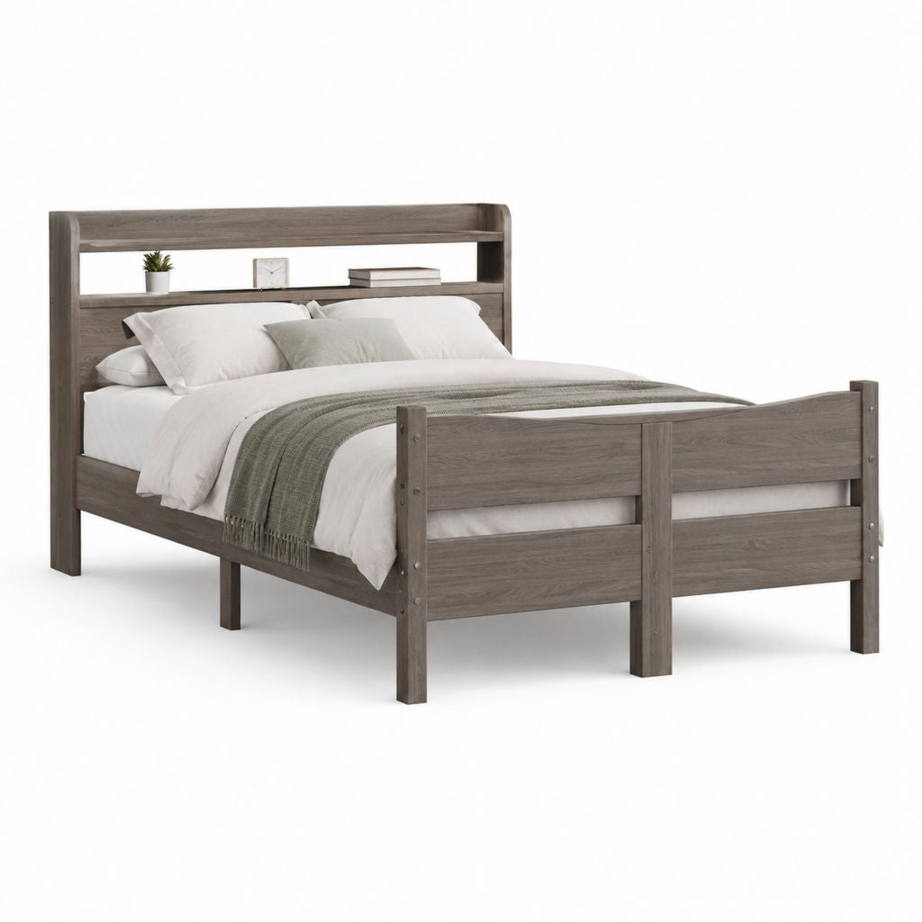 Cadre de lit double 160 x 200 cm gris en bois massif avec tête de lit étagère