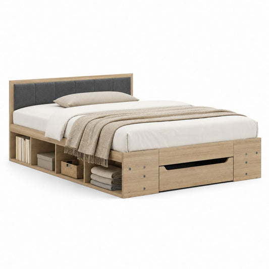 Lit coffre avec rangements chêne clair et tissu polyester gris 160 x 200 cm