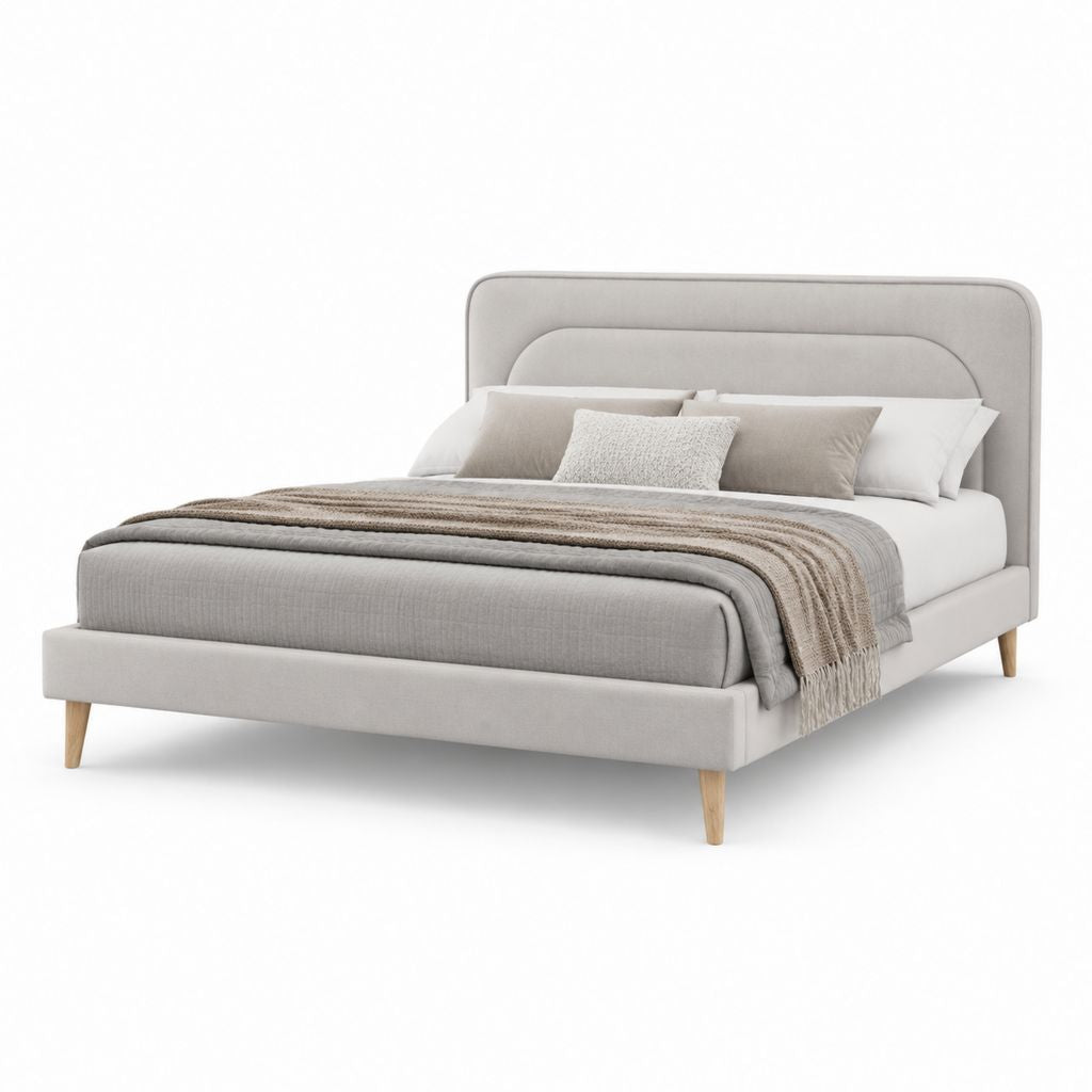 Lit double 160 x 200 cm gris clair en polyester avec tête de lit capitonnée et pieds en bois massif