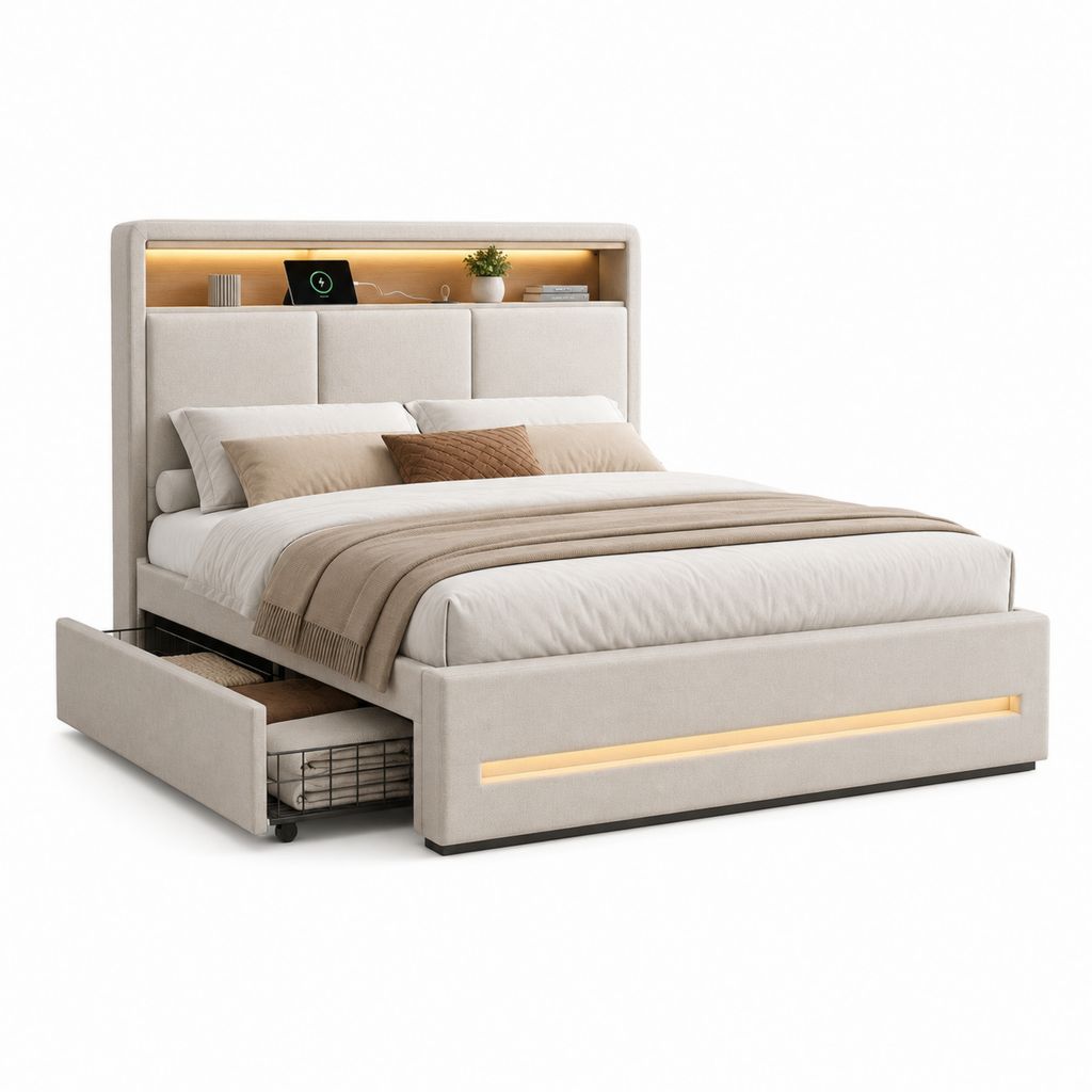 Lit double 160 x 200 cm beige en polyester avec tête de lit rectangulaire éclairée et tiroir de rangement
