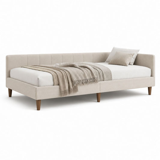 Lit double capitonné beige en polyester avec cadre en bois 160 x 200 cm