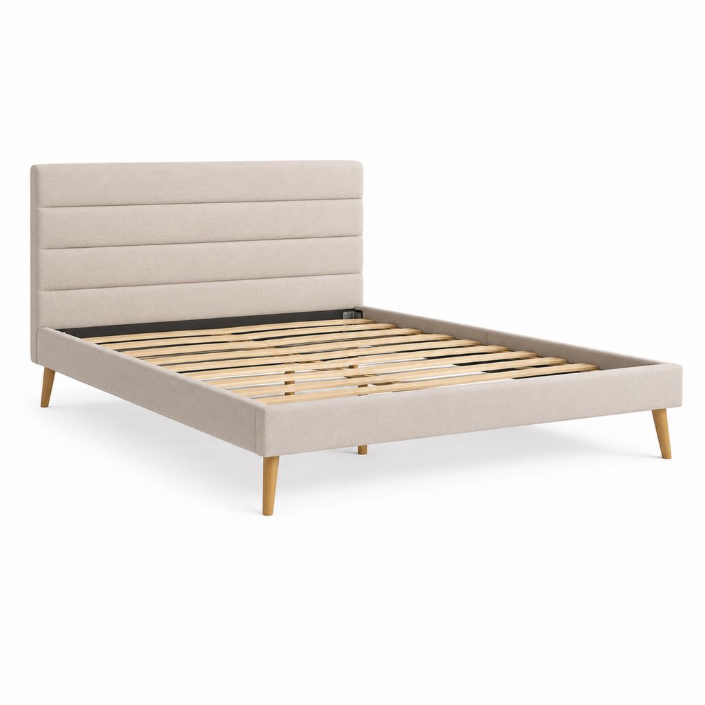 Lit double 140 x 190 cm beige en polyester avec sommier à lattes et tête de lit rembourrée