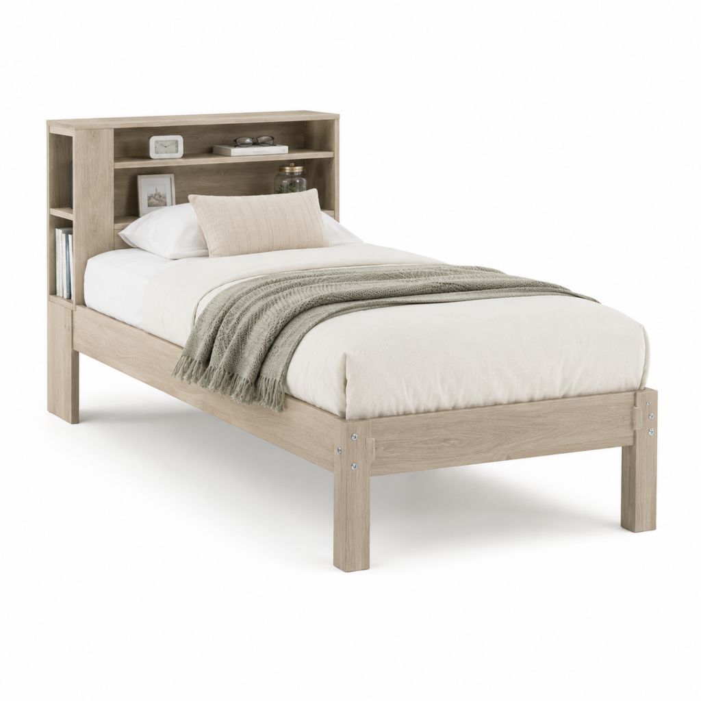 Cadre de lit simple avec tête de lit rangement chêne clair panneaux de particules 90 x 190 cm